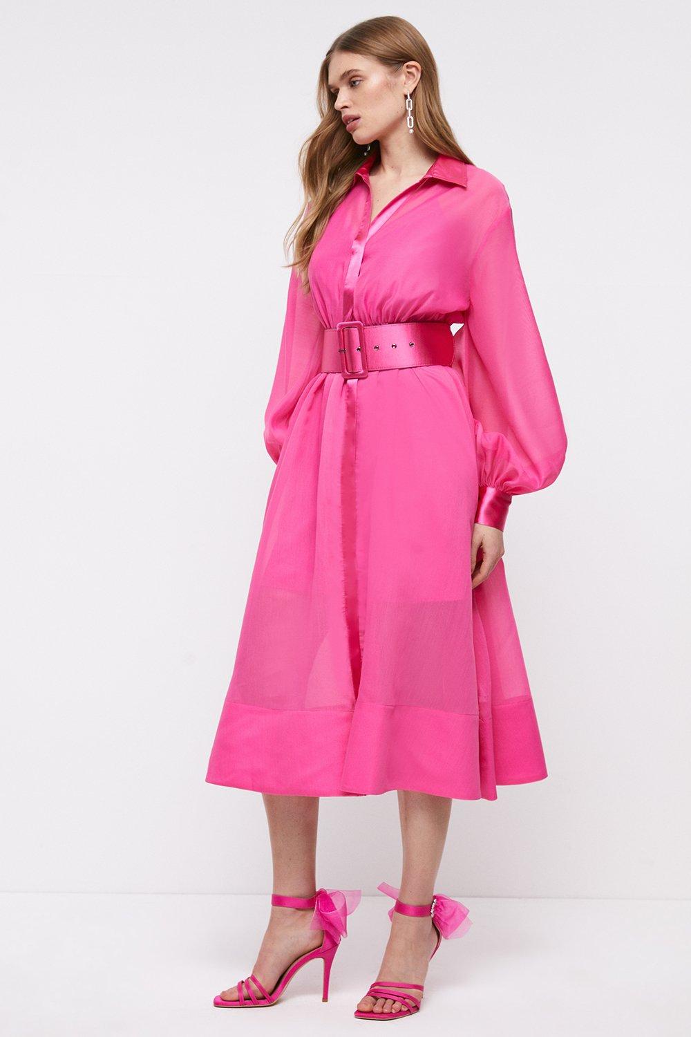 Premium Belted Organza Midi Shirt Dress - Pink